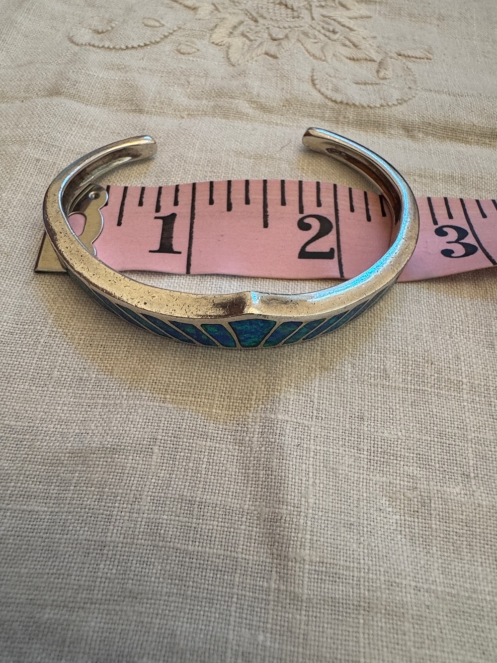 Blue-Green Opal Inlay Sterling Cuff Bracelet - Picture 7 of 10